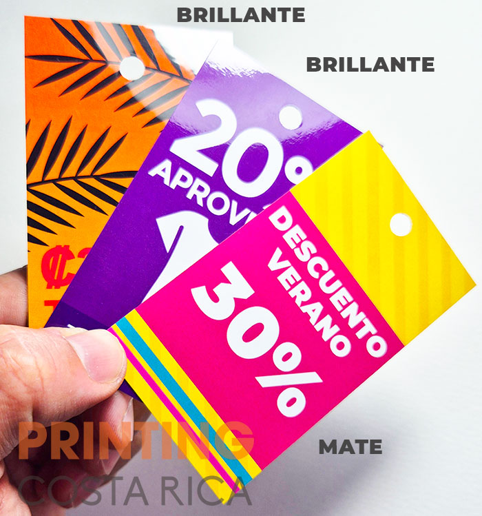 foto de etiquetas 3 tipos, laminado delgado mate, delgado brillante y grueso brillante