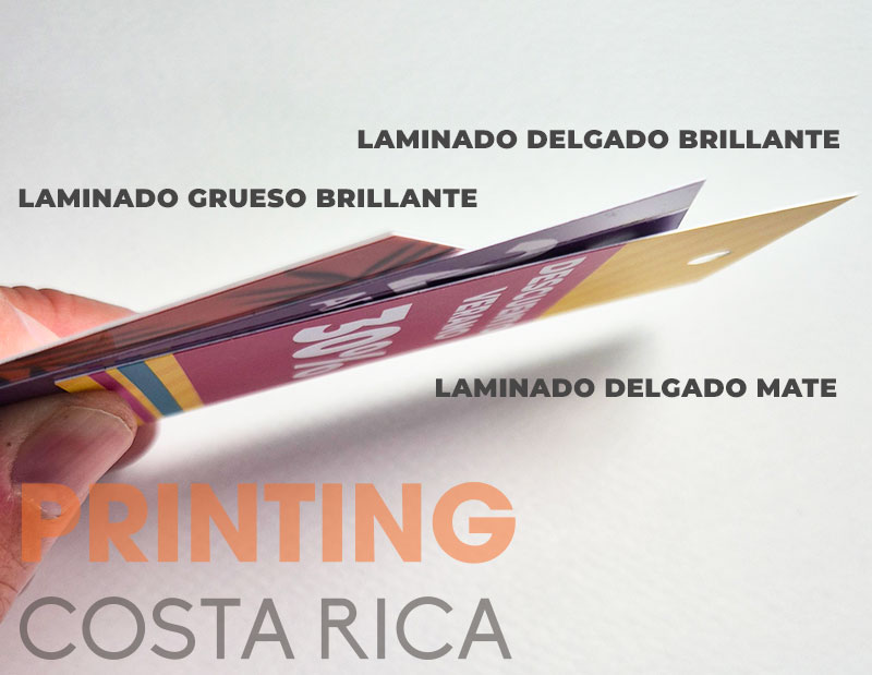 foto de etiquetas colgantes en 3 tipos, laminado delgado mate, delgado brillante y grueso brillante